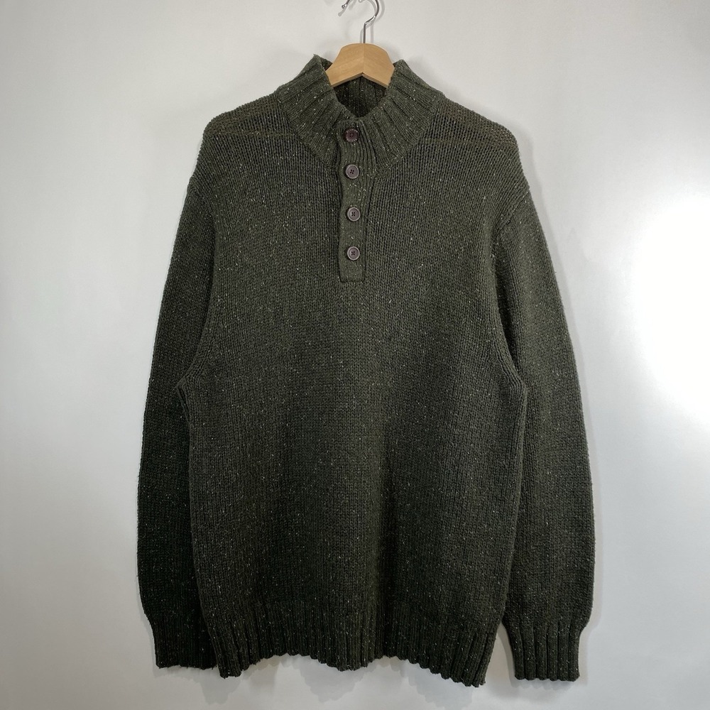 Nautica Men's 1/4 Button Granola Sweater Wool Blend Dark Green Size XL Cabincore